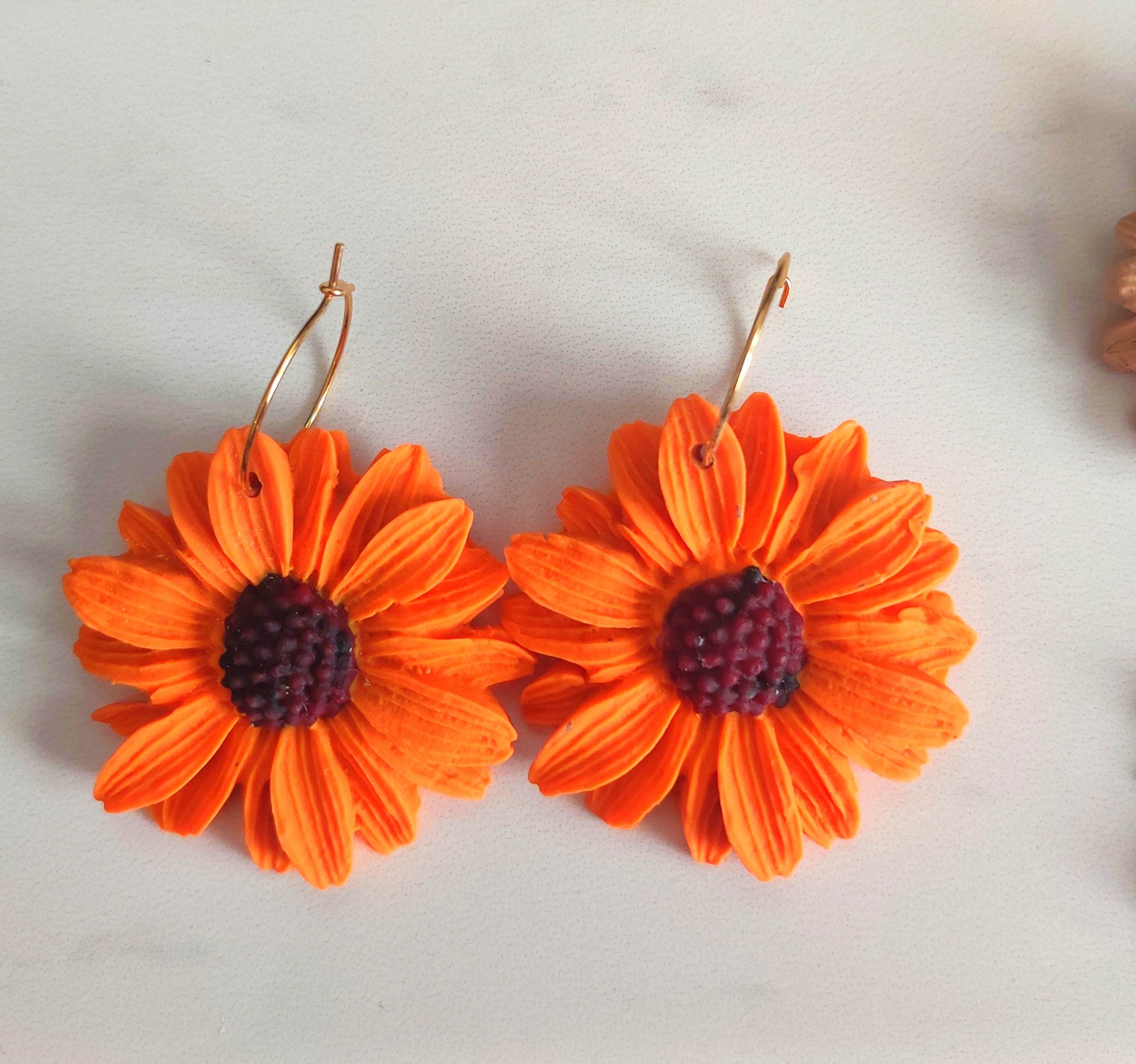 Tone Orange Flower Daisy Floral Statement authentic Earrings