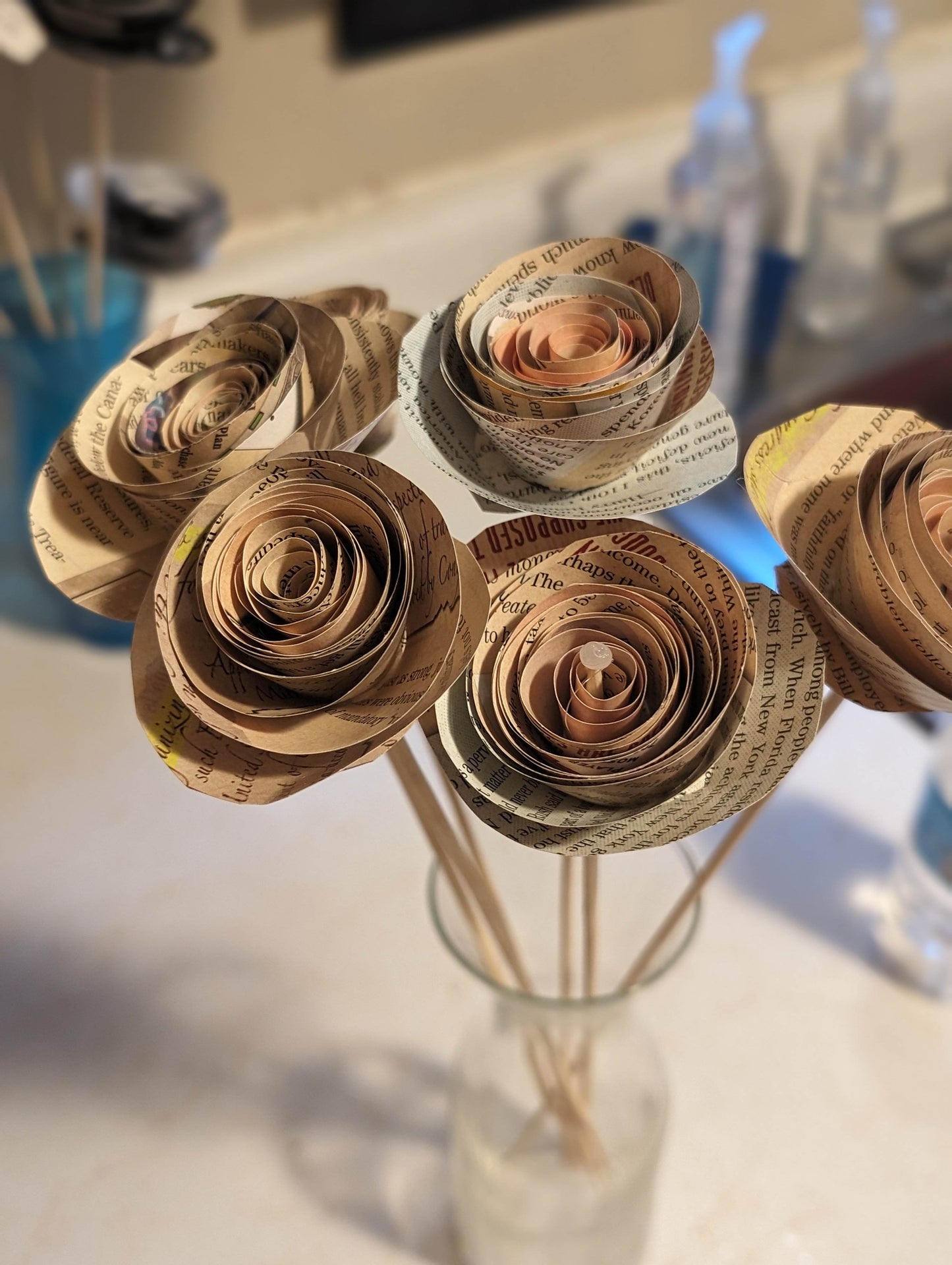 Spiral Soft Toned Paper Flowers | Beige & Blue | Paper Bouquet