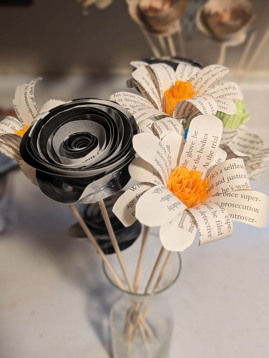 Mixed Paper Flower Bouquet - Daisies & Black and White Spiral with Wooden Stems